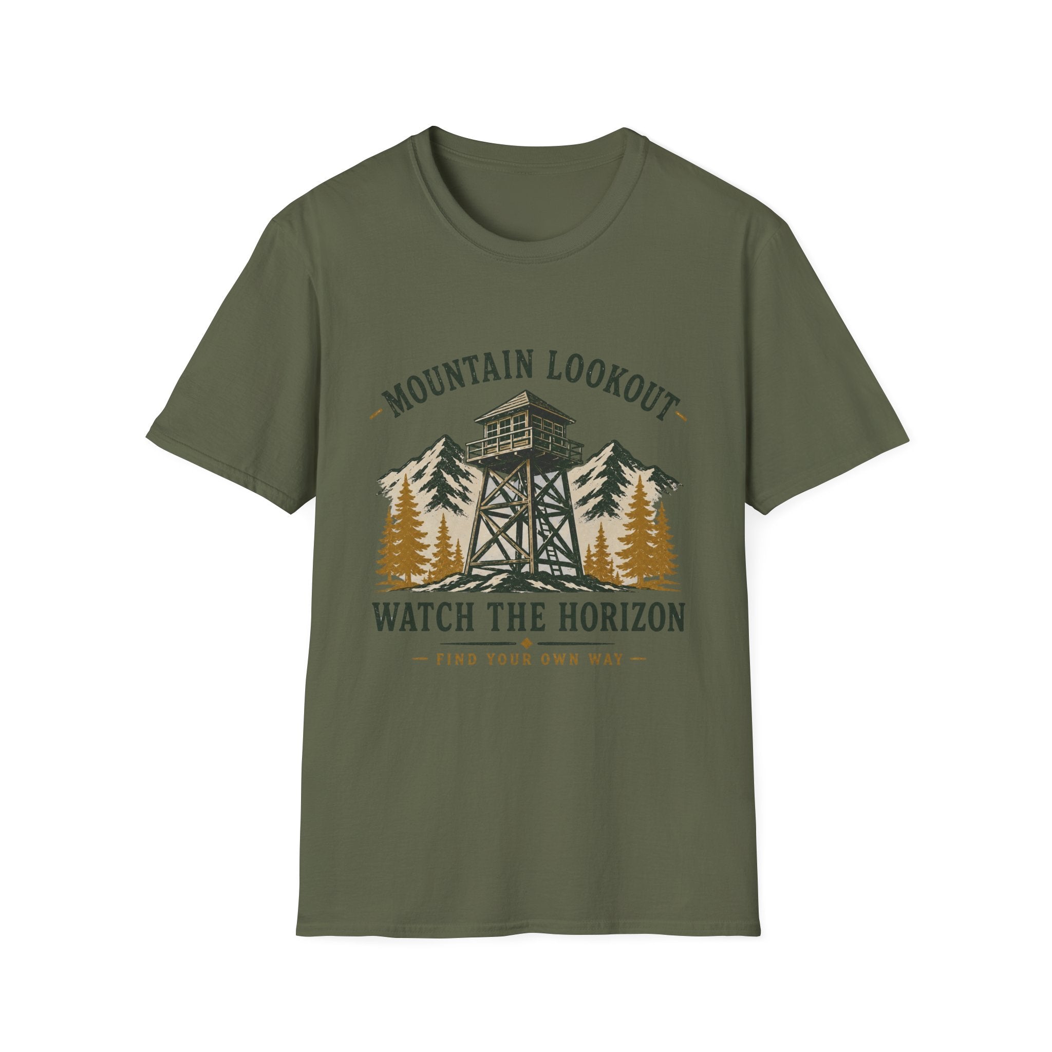 Mountain Lookout T‑Shirt — Watch the Horizon Forest Fire Tower Tee|Gildan® Softstyle 65000